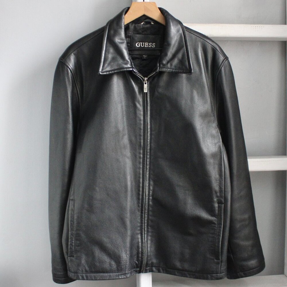 Guess Men's VTG 90s/00's Black Zip-Up Pointed Collar Leather Jacket Size Large